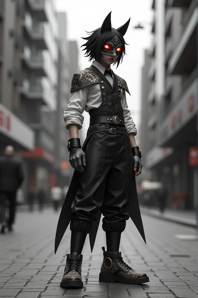 ff character with astro shoe, put on our world, with tatsuya's waiter's blouse? sonic eyes, ancient mask and monochrome art