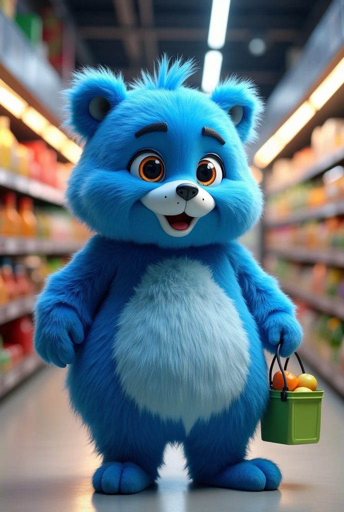 Imagine a mascot for a company that sells technology for grocery stores and mini markets., with royal blue clothes and a little bit of white and green. friendly, tender, hairy, funny but it insists on buying
