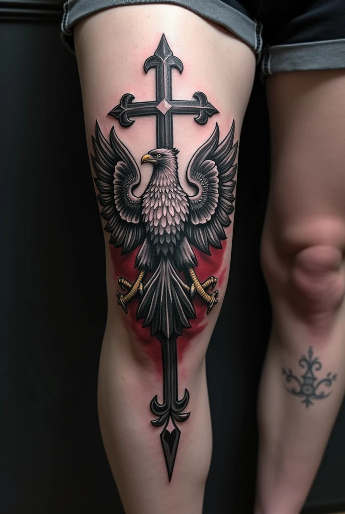 Tattoo on knee with cross and eagle Black and white with Poland flag