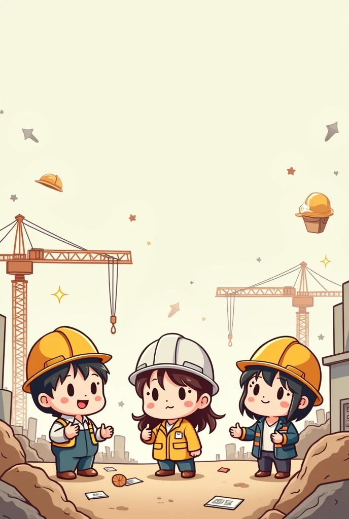 that represents the anime civil construction career, chibbi, Tender as a manga with small objects representing civil construction in the air
