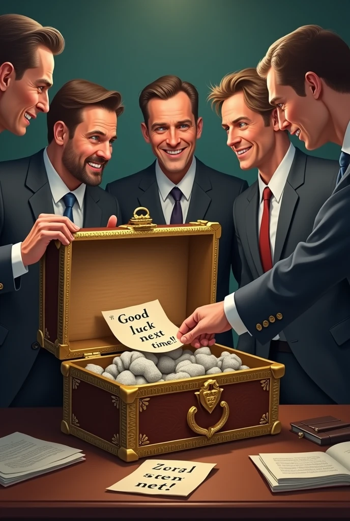 The Encounter with the “Resource” Image 3:

Description: Employees open an ancient chest on the boss&#39;s desk, hoping to find money, but they only find old socks and a note.
Elements to Include:
An antique-looking chest or box decorated to look like treasure.
Old socks and a note with the message: “Good luck next time!!” Expressions of disappointment and surprise on the faces of the employees.
How to do it:

Place a chest or box on the desk with the socks and the note inside..
Capture employees&#39; reactions when opening the chest.