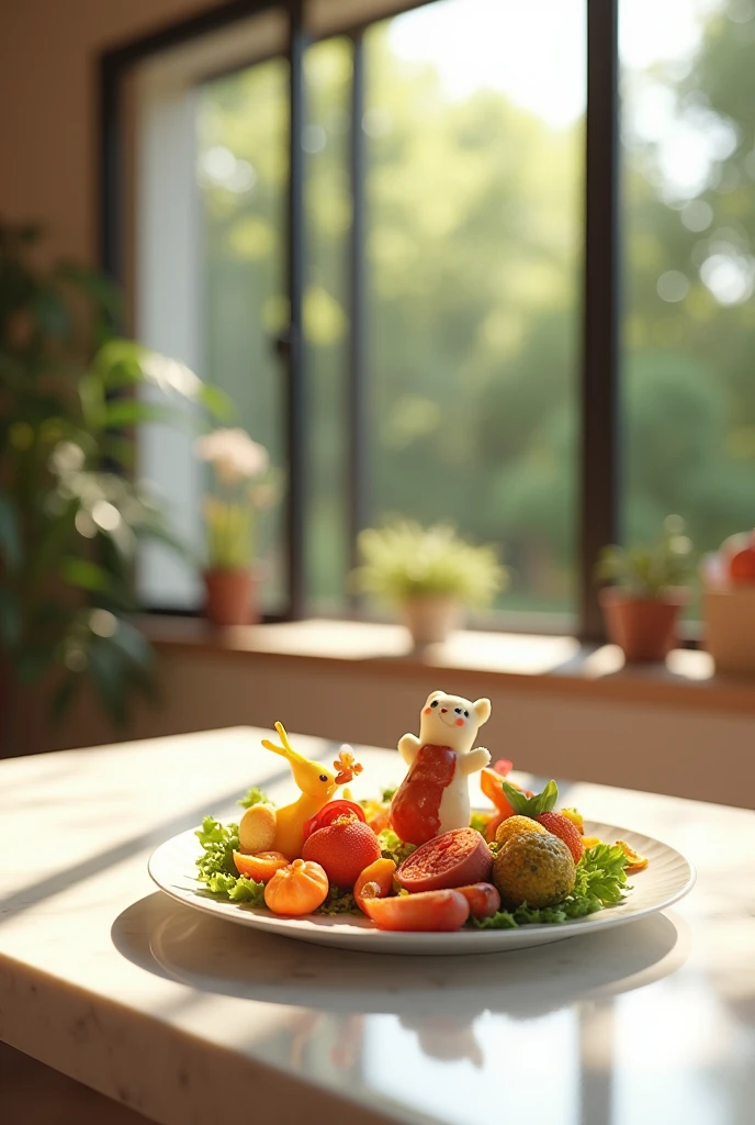 Interior shot of a dining room in a modern house with a family atmosphere and zoom in on a plate with colorful children's food resting on a white granite table, sunny weather through the windows of the house with a garden area in the background, Full HD , 3d, 4K, ultra realistic, ultra detaild, hyper- realism, Hyper perfectionist, Ultra magnificent, highly extraordinary, rigidly sensational, ultra sublime, hyper exquisite, Ultra Deep, hyper accurate, highly accurate, very complete, extremely particularized, rich in exclusivity , hiperpragmático, abundant in common sense, best quality --auto --s2
