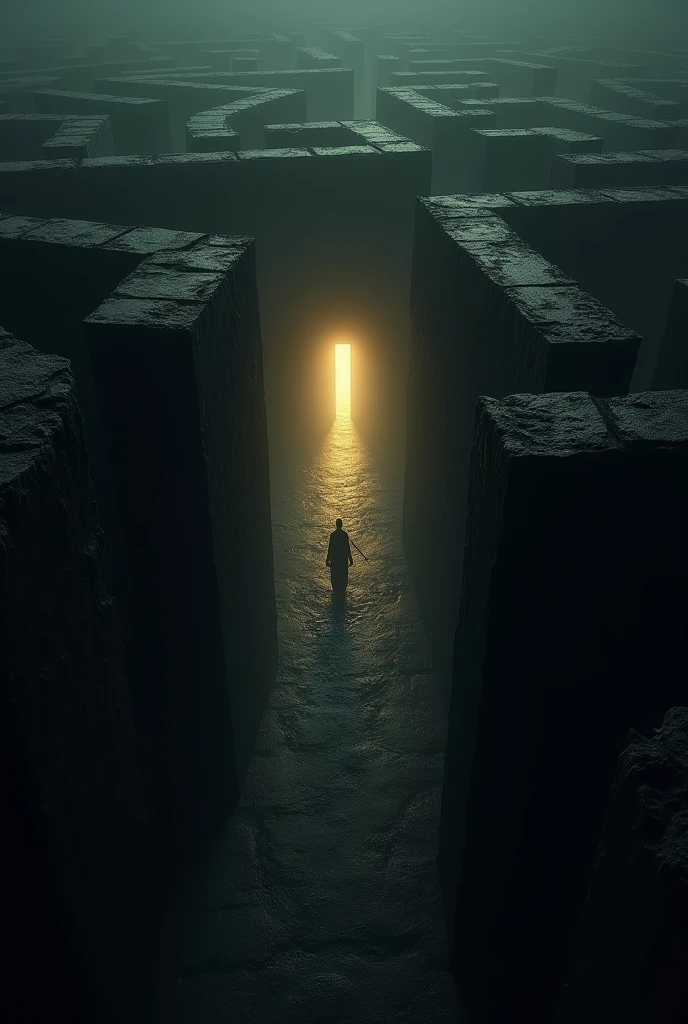 A dark labyrinth, with a single ray of light at the end that is seen horizontally and from above