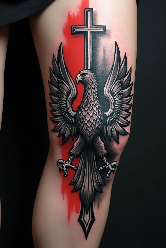 Tattoo on knee with cross and eagle Black and white with Poland flag