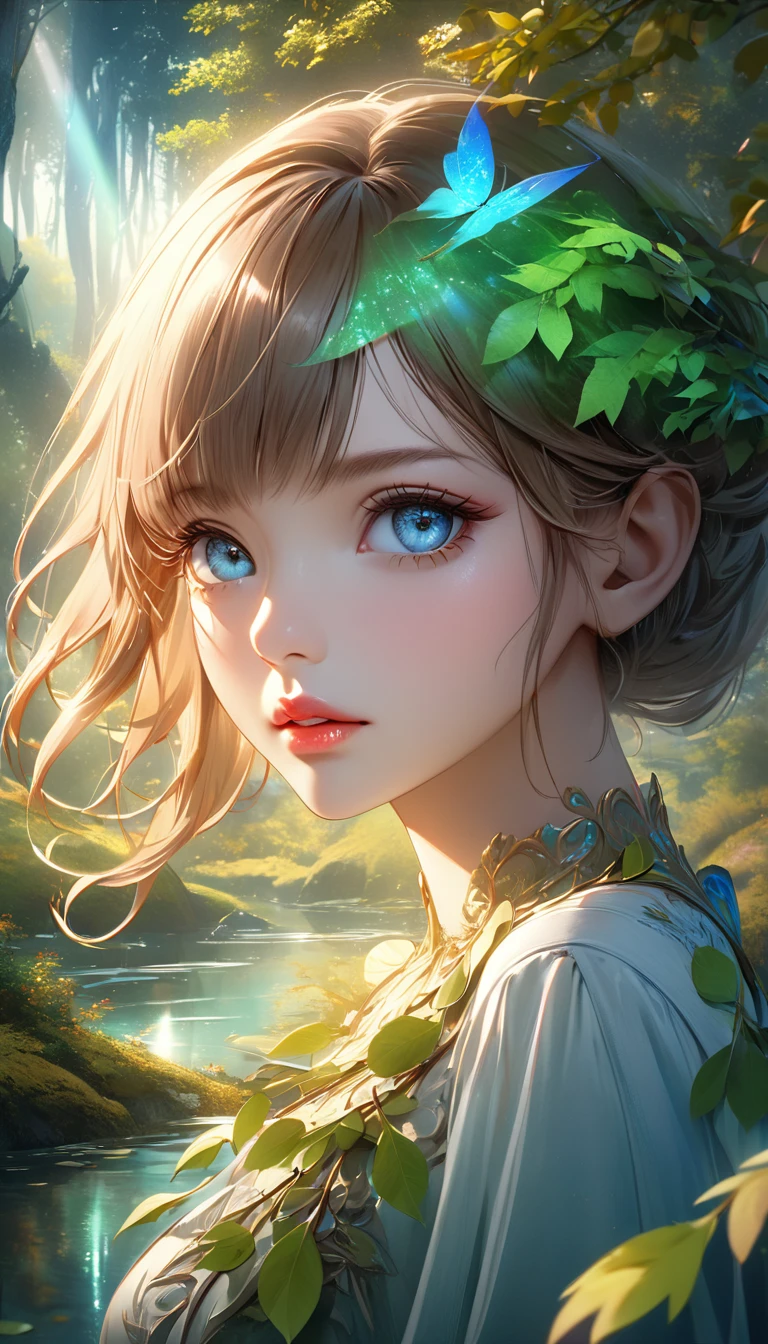 Zelkova landscape, bright canvas, The zelkova leaves are fluttering, Transparent holographic reflection, A surreal landscape made of zelkova leaves, Leaves viewers speechless, 
A beautiful world, 1 Russian woman, detailed eyes, detailed lips, very detailed face, long eyelashes, Beautiful and detailed portraits, elegant, tranquil expression, summer, high quality, 8k, 
realistic, surrealist, studio lighting, Physically Based Rendering, vivid colors, movie lights, dramatic lighting, soft lighting,
 dramatic contrast, clear, ethereal, dreamlike, mysterious, magical, fancy, concept art