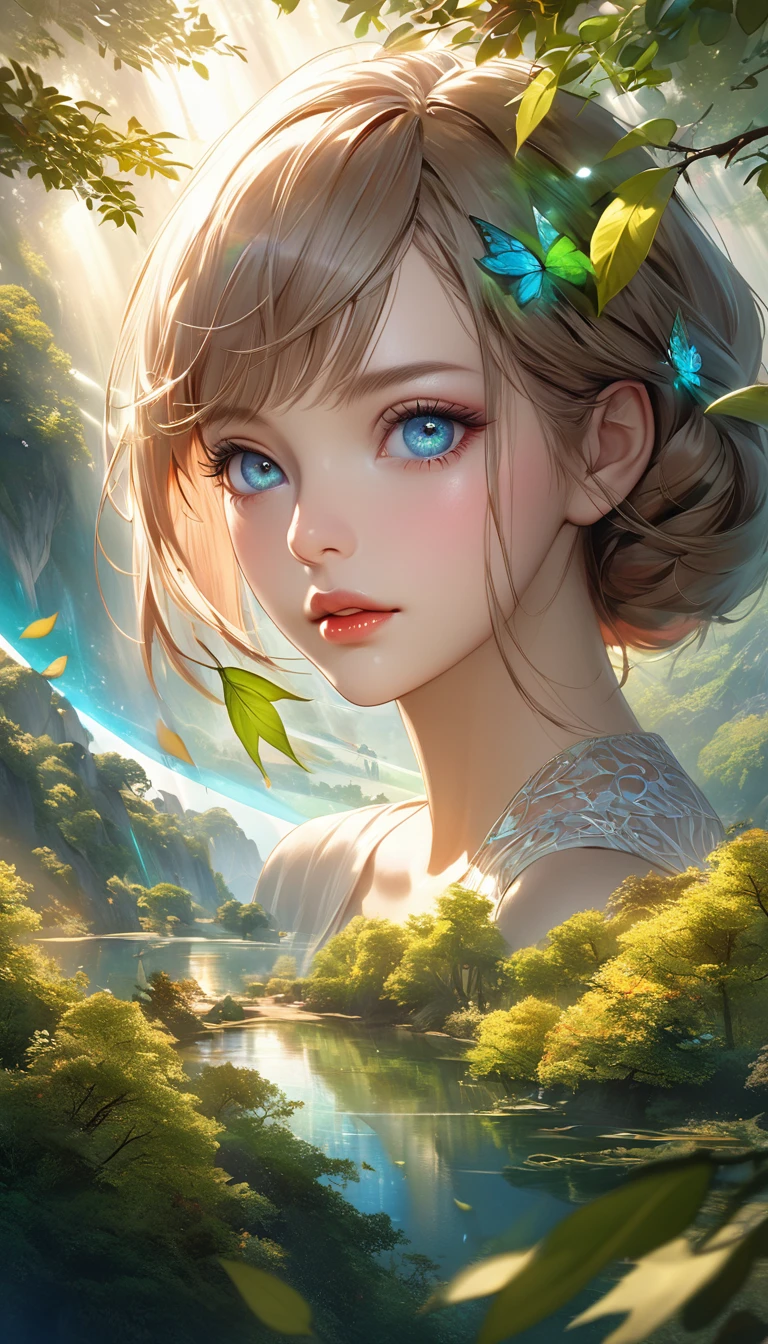 Zelkova landscape, bright canvas, The zelkova leaves are fluttering, Transparent holographic reflection, A surreal landscape made of zelkova leaves, Leaves viewers speechless,
A beautiful world, 1 Russian woman, detailed eyes, detailed lips, very detailed face, long eyelashes, Beautiful and detailed portraits, elegant, tranquil expression, summer, high quality, 8k,
realistic, surrealist, studio lighting, Physically Based Rendering, vivid colors, movie lights, dramatic lighting, soft lighting,
dramatic contrast, clear, ethereal, dreamlike, mysterious, magical, fancy, concept art