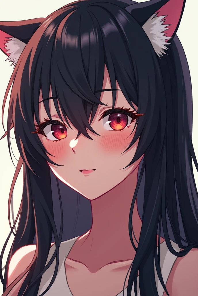 Asian female cartoon character, fair-skinned, pinkish, long hair, wolf-cut, black, tough and mischievous personality, but sometimes she can be tsundere.