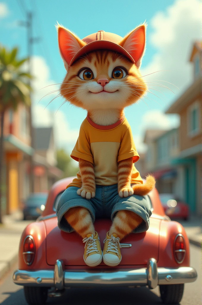 Cat with smile and sitting on car wearing cap and cloths