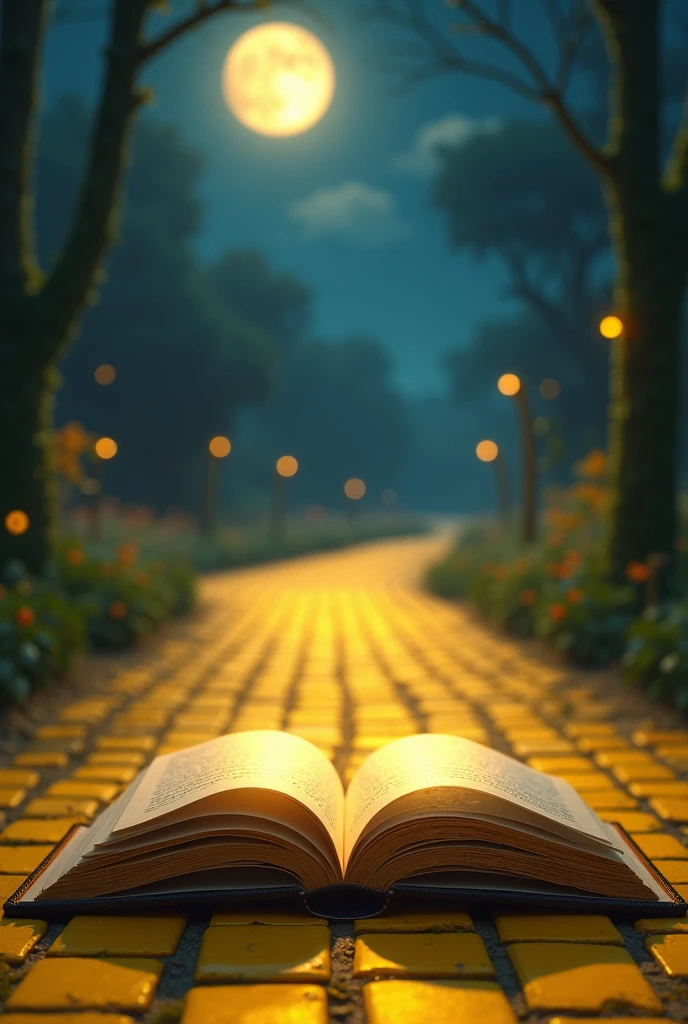 an open book on a yellow brick road at night
