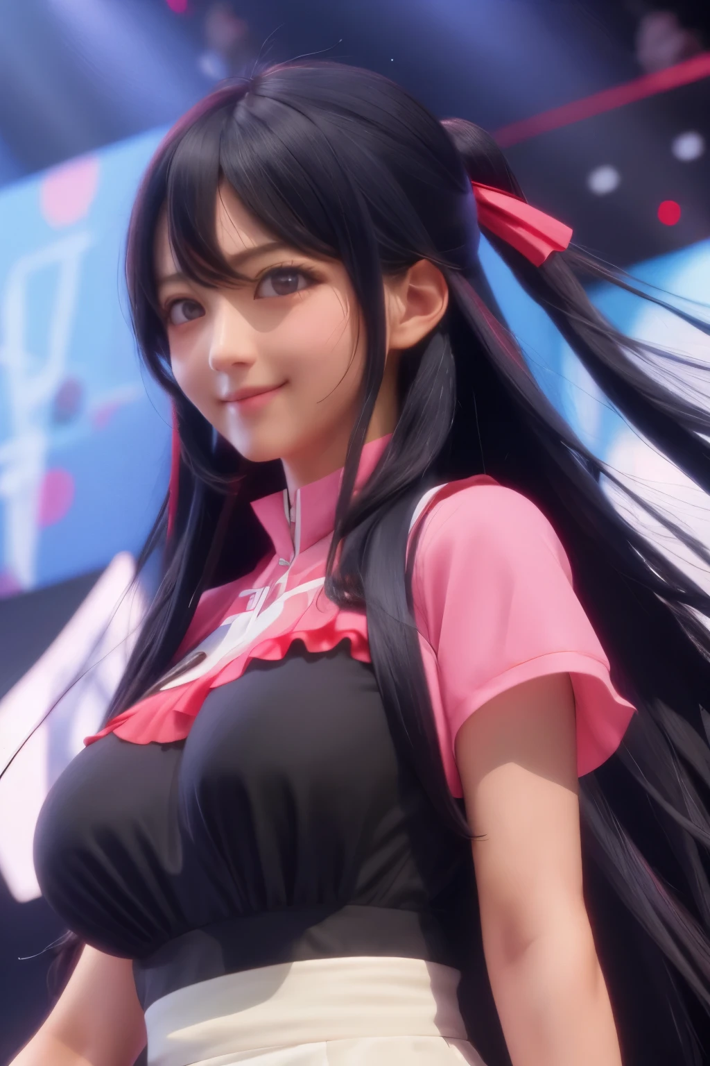 1girl,ai hoshino,pink idol clothes,On stage , long hair, black hair, black eyes, very big breasts, slight smile,close up photo, ultra detail, ultra HD, masterpiece, stunning