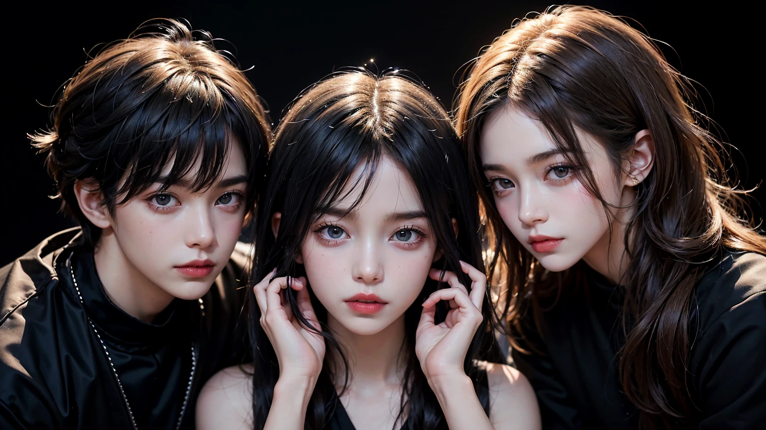 Professional photoshoot for world famous fashion magazine ! She had a super trendy and elegant hairstyle.、Three very cute teenage boys. . Wearing stylish black clothing , See each other , In various dynamic poses on a black background . Their black clothes , Hair blends into the black background , Only the face is visible , hand , Cos . good looking !