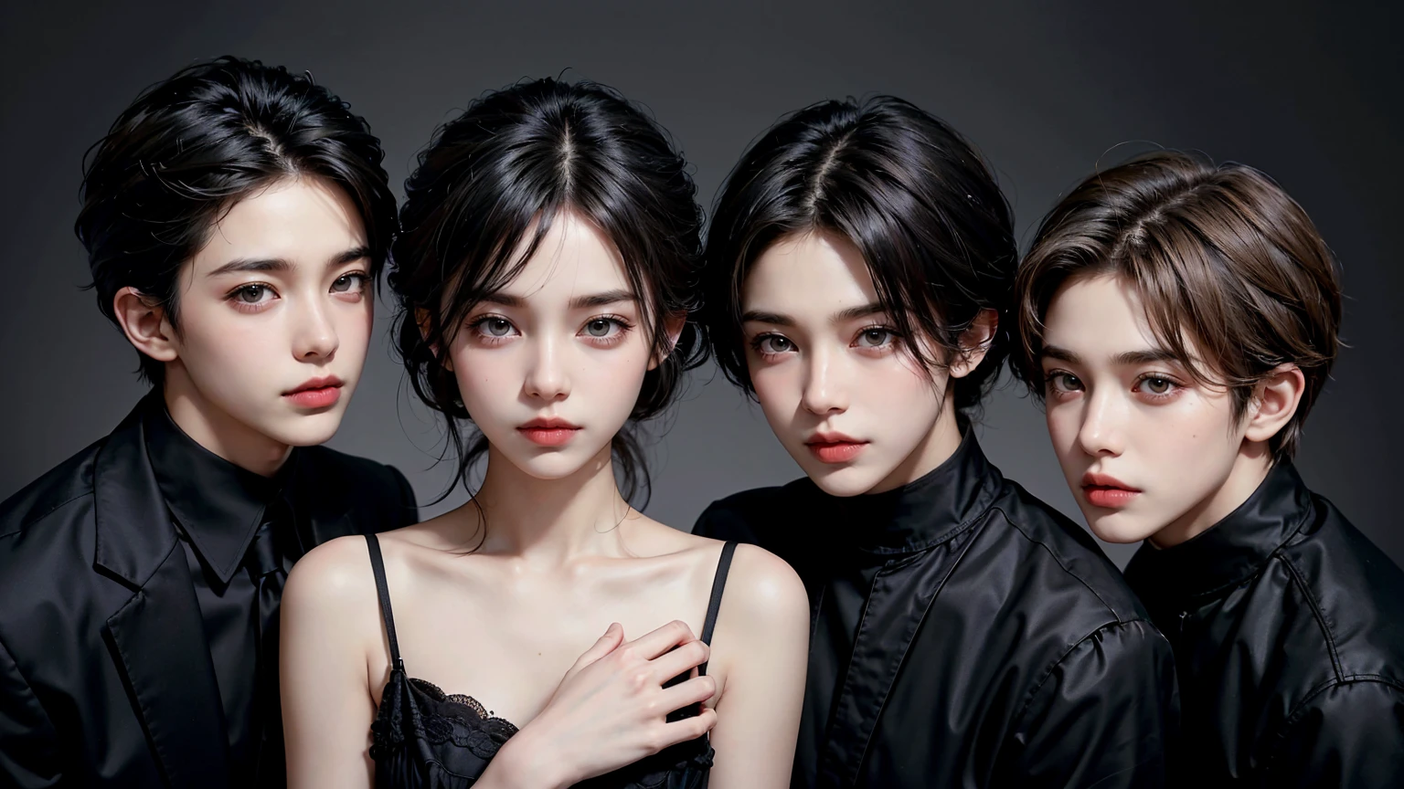 Professional photoshoot for world famous fashion magazine ! She had a super trendy and elegant hairstyle.、Three very cute teenage boys. . Wearing stylish black clothing , See each other , In various dynamic poses on a black background . Their black clothes , Hair blends into the black background , Only the face is visible , hand , Cos . good looking !