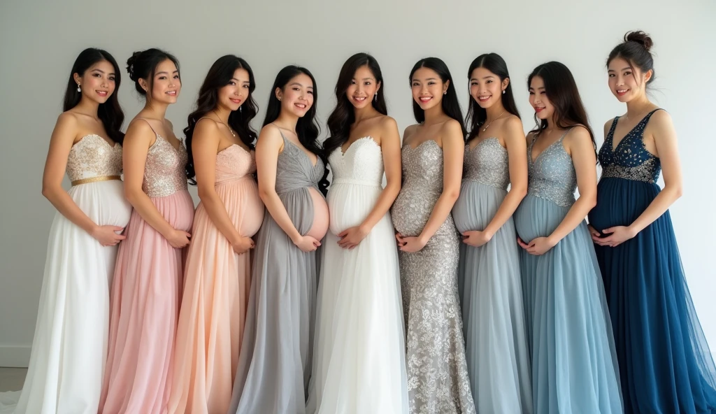 10 beautiful brides. The first and second Thai brides are sisters, 18-19 years old, wearing white and gold wedding dresses with Thai patterns. The third and fourth Lao brides are sisters, 18-1, wearing silver-white lace wedding dresses. The fifth and sixth Japanese brides are sisters, 19-20 years old, wearing grey wedding dresses with cloud patterns. The seventh and eighth South Korean brides are sisters, 20-21 years old, wearing pink wedding dresses with swan patterns. The ninth and tenth Taiwanese brides are sisters, 20-2, wearing blue wedding dresses. All the brides are pregnant, standing and posing for photos with beautiful smiles.