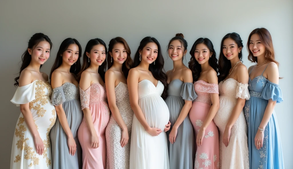 10 beautiful brides. The first and second Thai brides are sisters, 18-19 years old, wearing white and gold wedding dresses with Thai patterns. The third and fourth Lao brides are sisters, 18-1, wearing silver-white lace wedding dresses. The fifth and sixth Japanese brides are sisters, 19-20 years old, wearing grey wedding dresses with cloud patterns. The seventh and eighth South Korean brides are sisters, 20-21 years old, wearing pink wedding dresses with swan patterns. The ninth and tenth Taiwanese brides are sisters, 20-2, wearing blue wedding dresses. All the brides are pregnant, standing and posing for photos with beautiful smiles.