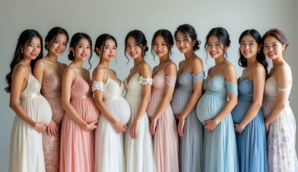 10 beautiful brides. The first and second Thai brides are sisters, 18-19 years old, wearing white and gold wedding dresses with Thai patterns. The third and fourth Lao brides are sisters, 18-1, wearing silver-white lace wedding dresses. The fifth and sixth Japanese brides are sisters, 19-20 years old, wearing grey wedding dresses with cloud patterns. The seventh and eighth South Korean brides are sisters, 20-21 years old, wearing pink wedding dresses with swan patterns. The ninth and tenth Taiwanese brides are sisters, 20-2, wearing blue wedding dresses. All the brides are pregnant, standing and posing for photos with beautiful smiles.