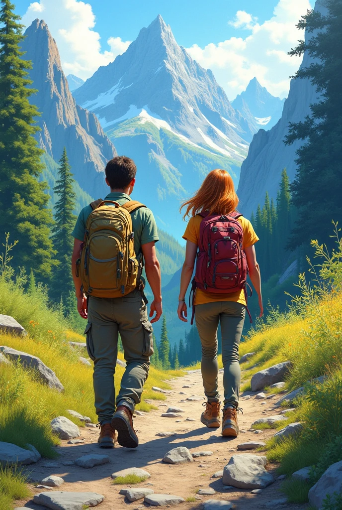 A drawing of a couple with backpacks and a woman with a backpack a young couple in hiking attire