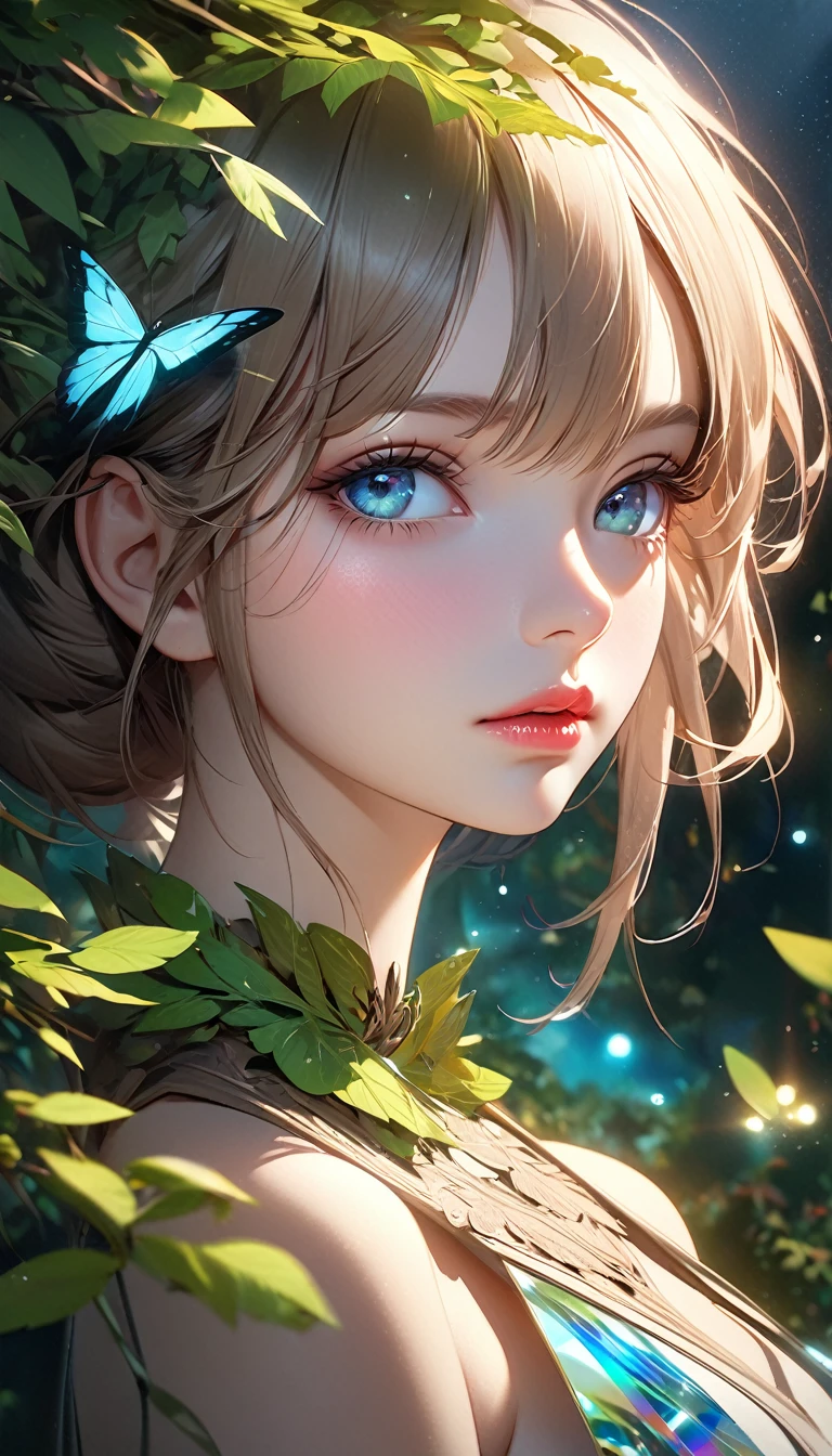 Zelkova landscape, bright canvas, The zelkova leaves are fluttering, Transparent holographic reflection, A surreal landscape made of zelkova leaves, Leaves viewers speechless, 
A beautiful world, 1 Russian woman, detailed eyes, detailed lips, very detailed face, long eyelashes, Beautiful and detailed portraits, elegant, tranquil expression, summer, high quality, 8k, 
realistic, surrealist, studio lighting, Physically Based Rendering, vivid colors, movie lights, dramatic lighting, soft lighting,
 dramatic contrast, clear, ethereal, dreamlike, mysterious, magical, fancy, concept art