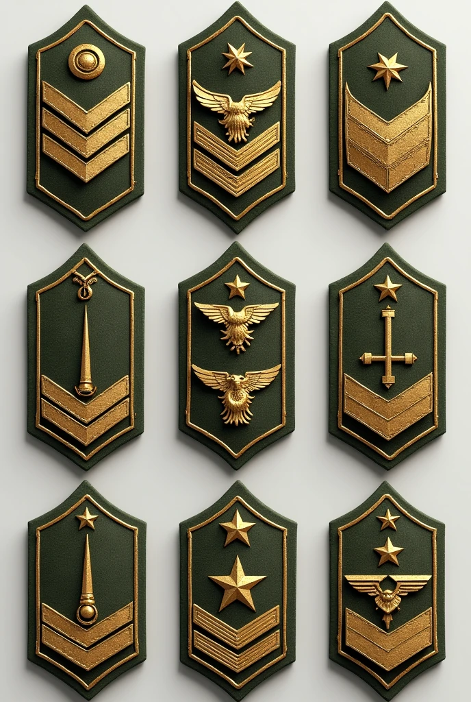 Army-Inspired Shoulder Rank Insignia
2nd Lieutenant (1 Silver Bar)

Insignia: A single silver bar, positioned horizontally on a dark olive green background with gold trim. This bar symbolizes the entry-level officer rank and leadership potential.
1st Lieutenant (2 Silver Bars)

Insignia: Two parallel silver bars on the same dark olive green background, representing increased experience and responsibility.
Captain (3 Silver Bars)

Insignia: Three silver bars arranged in a triangle pattern on the olive background, signifying a captain's command over larger units.
Major (Gold Oak Leaf)

Insignia: A single gold oak leaf, centered on the shoulder strap with a dark green background, representing seniority and strategic leadership.
Lieutenant Colonel (Silver Oak Leaf)

Insignia: A silver oak leaf on the olive green background, symbolizing a higher level of authority and leadership within the company.
Colonel (Silver Eagle)

Insignia: A silver eagle with spread wings, placed centrally on the shoulder strap, symbolizing command over significant operational units.
Brigadier General (1 Silver Star)

Insignia: A single silver star centered on a dark olive background with a gold border, indicating the rank of Brigadier General.
Major General (2 Silver Stars)

Insignia: Two silver stars aligned horizontally on the shoulder strap, signifying higher-level command and leadership roles.
Lieutenant General (3 Silver Stars)

Insignia: Three silver stars in a triangular arrangement on the olive green background, indicating senior leadership and strategic oversight.
General (4 Silver Stars)

Insignia: Four silver stars arranged in a diamond pattern, representing the highest level of command within the Army-inspired ranks.
Navy-Inspired Shoulder Rank Insignia
Ensign (1 Gold Stripe)

Insignia: A single gold stripe on a dark navy blue background, with a gold border, representing the entry-level officer rank in naval operations.
Lieutenant Junior Grade (1 Gold Stripe with 1 Thin Stripe)

Ins