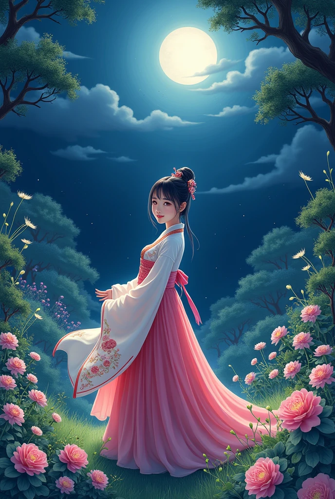 best quality, high_resolution, distinct_image, detailed background ,girl, hanbok,flower,garden,moon, night,