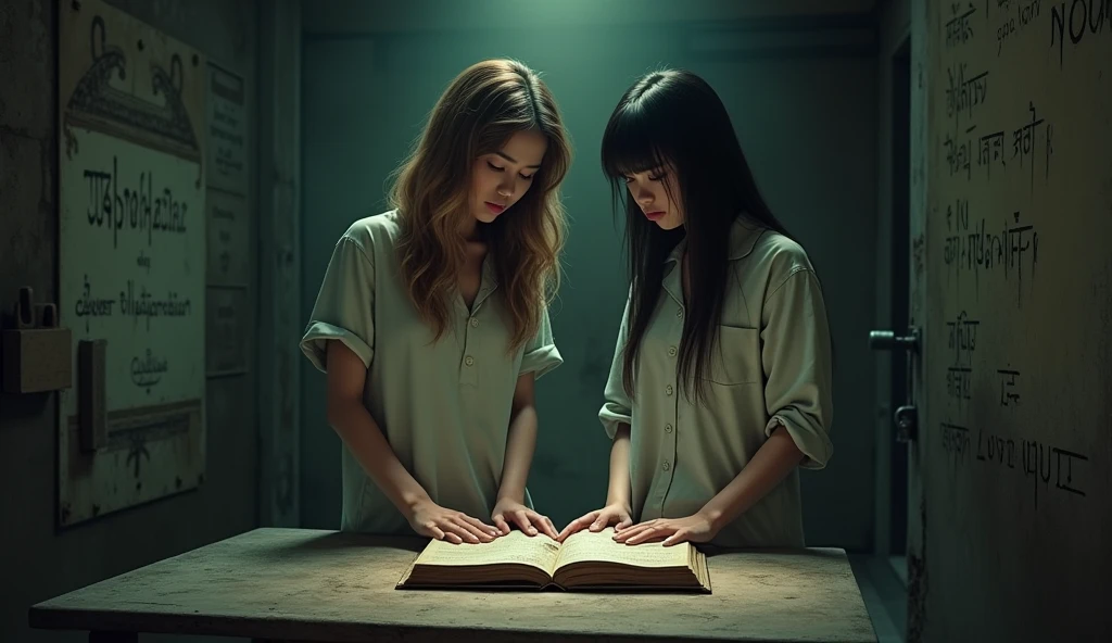 "A small, dimly lit hidden room, with walls covered in scratched messages and eerie carvings. In the center of the room, an old, decaying diary lies open on a dusty table. Two young women one is a lively, outgoing young Thai woman in her late teens with wavy shoulder-length light brown hair. She is dressed in trendy, casual clothing, and A Thai young woman in her late teens with long, straight black hair, wearing a simple pajama and two of them look of nervousness on her face stand close together, reading the diary with expressions of shock and horror. The room feels frozen in time, with an oppressive atmosphere that hints at the tragic events that once took place there."