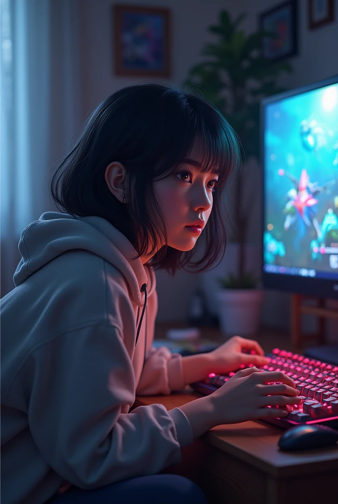Has this person with. These features are not so tall, brunette, black hair, a medium-sized nose, slightly thick lips, sunken eyes, medium-sized ears, playing video games,