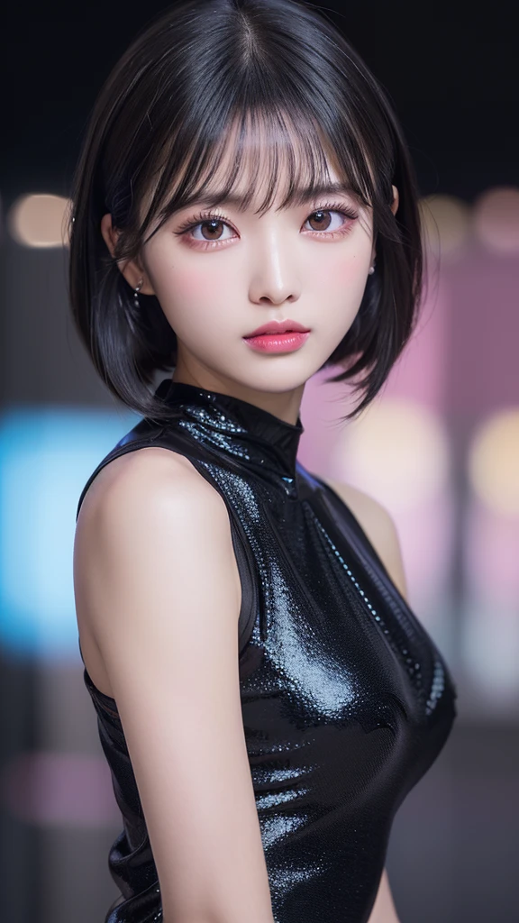 8k, RAW Photos, Realistic: 1.25), (Lip gloss, eyelash, Glossy face, Glowing Skin, Highest quality, Ultra-high resolution, Depth of written boundary, chromatic aberration, Caustics, Moisturized lips, Super Trimmed Face, Sparkling, detailed eyes, Black Hair, semi-long, Fashionable, Tight silk dress, thin,✨