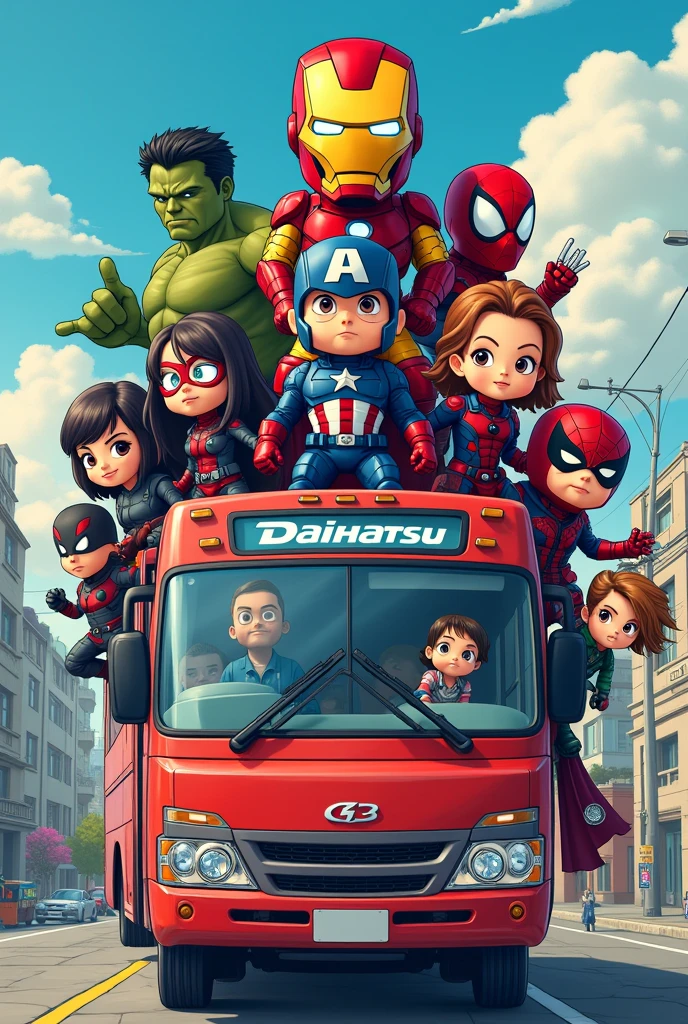 Create an image of the Avengers reimagined as a 2-dimensional cartoon. Include characters like Iron Man, Captain America, Thor, Hulk, Black Widow, spiderman, wolverine, deadpool and doctor strange. Design them with exaggerated anime-style features, such as heads 2 times larger than normal in caricature-like and dynamic poses, and sleek, detailed armor or costumes. Place some of the characters, some of whom are in the bus, on top of the bus or flying, with the background of a building that says Daihatsu, the bus has red and white colors and there is Daihatsu written on it which emphasizes action and intensity. Each character must have a unique anime-style weapon or accessory that matches their personality and strength on a plain colored background