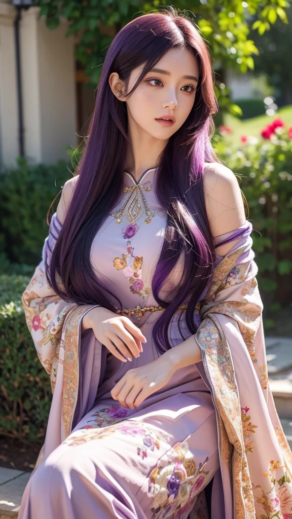 a beautiful anime girl with long purple hair, hourglass figure, intricate detailed face, beautiful detailed eyes, beautiful detailed lips, extremely detailed facial features, delicate facial expressions, wearing a colorful dress, detailed clothing folds and textures, outdoor garden scene with flowers, detailed foliage, sunlight, warm color tones, masterpiece, 8k, high quality, photorealistic, vibrant colors, cinematic lighting