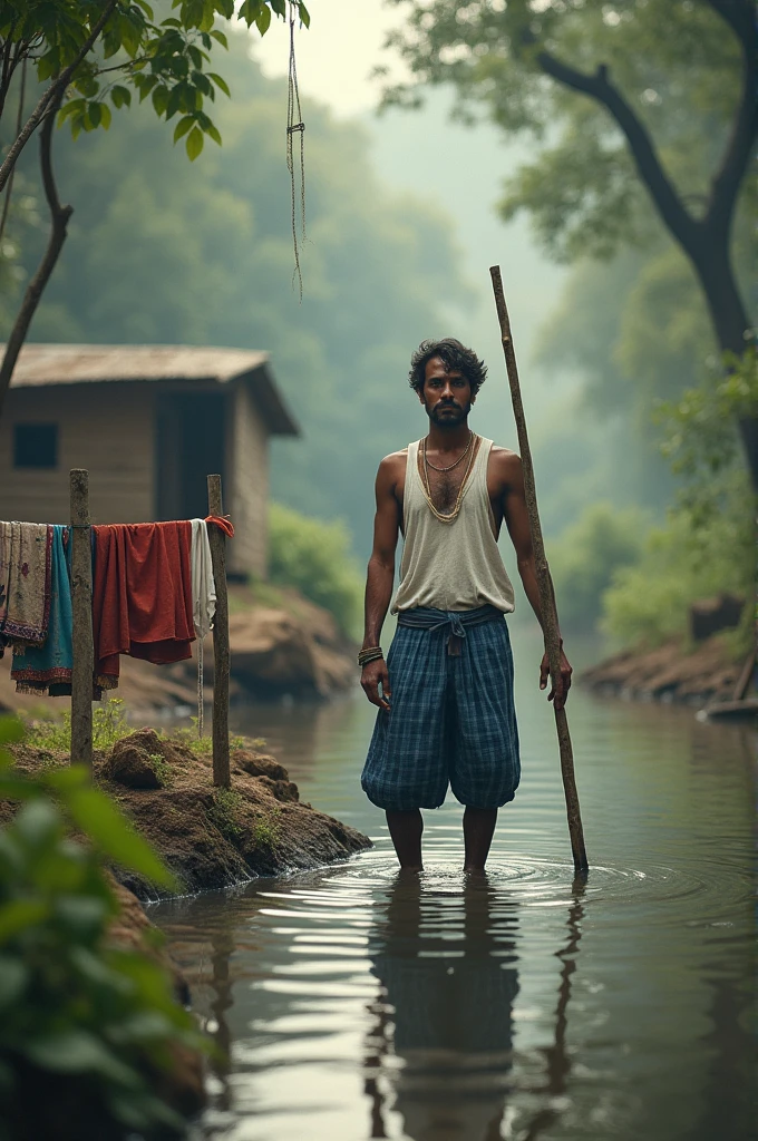 The image shows a man standing in shallow water, holding a stick near a small, makeshift setup in a natural setting with trees and bushes around. The man is wearing a white sleeveless shirt and a blue checkered lungi. The surroundings suggest a rural or forested area with a body of water, possibly a pond or a flooded region. Nearby, clothes are hanging on a line tied to a stick.