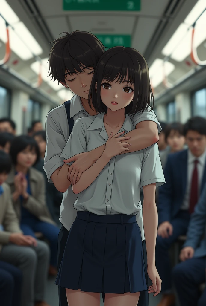 Browsing Caution, Crowded train, ((2 office lady)), ((Height: 165cm)), Japan , A handsome middle school boy hugs a beautiful woman from behind, Talk in her ear, Lift her up, Roll up your miniskirt, 40k, photograph, masterpiece, Highest quality, Dark Gray Background, ((Japanのオフィススーツ)), A boy leans on a beautiful woman from behind、i held you up, A beautiful woman has her breasts fondled from behind and a penis inserted into her pussy and violated, ((Beautiful woman with a golden ratio face)), ((Very large breasts bigger than a face)), (((A lot of semen stuck to the ass))), kissing butt