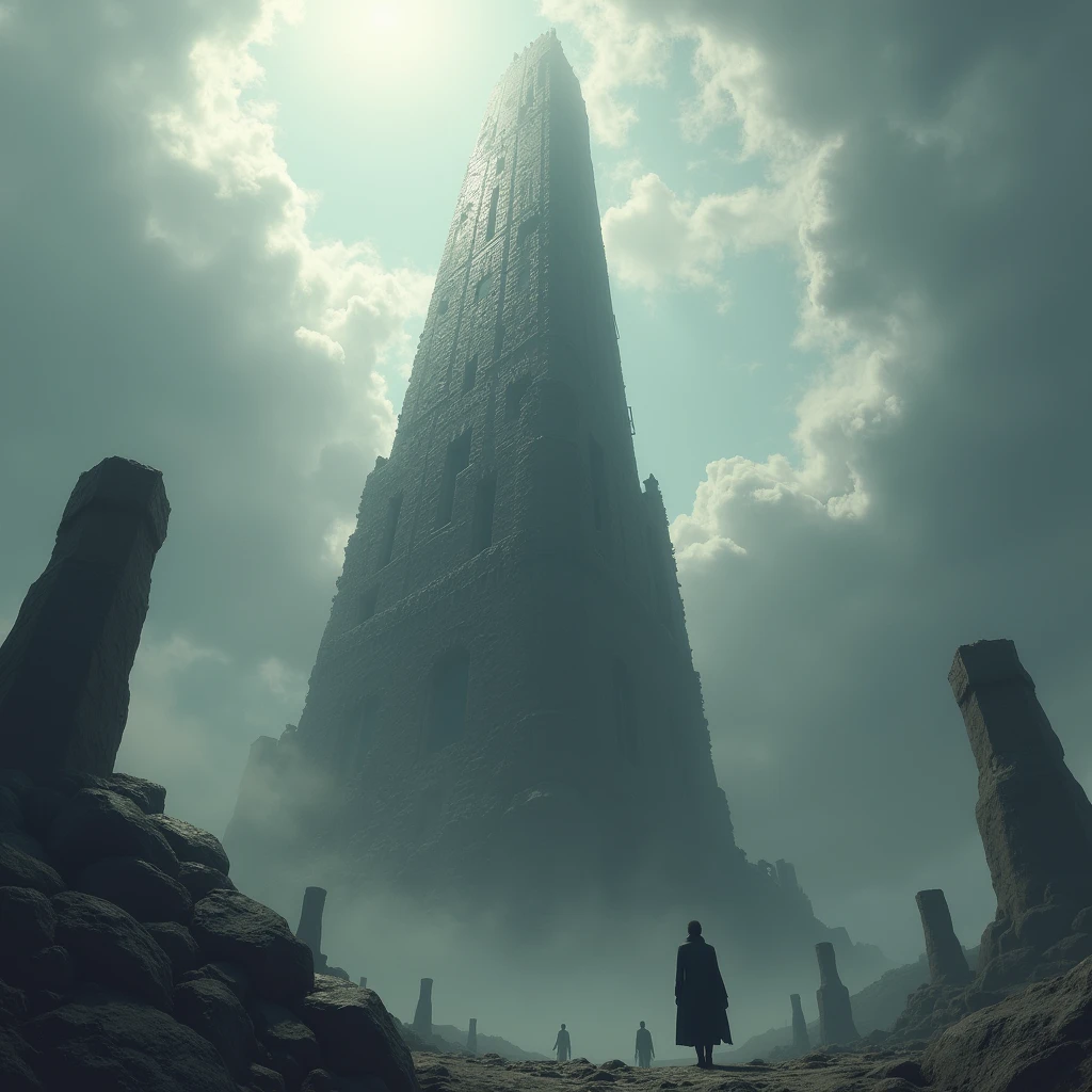 no one appears in the scene, just a thin and very tall cylindrical tower, than the tower of babel, as if reaching the heavens, the sky has clouds as if it were pierced by the tower, a tense atmosphere, it is breaking and falling apart