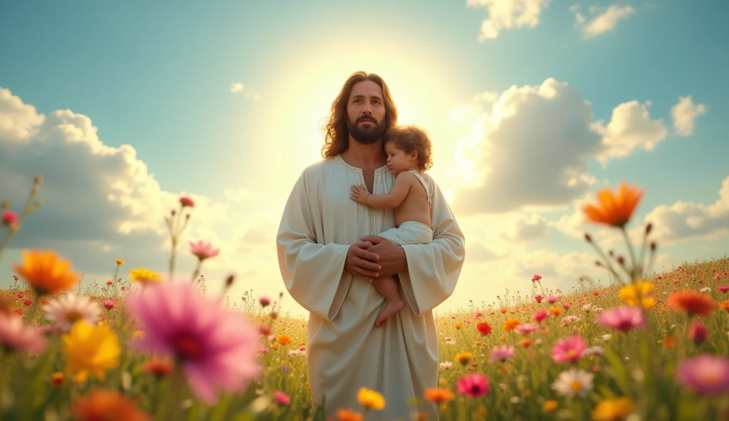 (photorealism:1.2), Jesus glowing in the middle of a vibrant field of flowers, holding a small child, clear blue sky with moving clouds above, ethereal, serene atmosphere, soft lighting, highly detailed, cinematic, masterpiece, 8k resolution