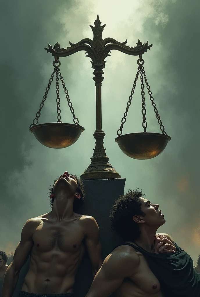 Drawing of a scale of justice tilted to one side, with people suffering under the weight of that scale