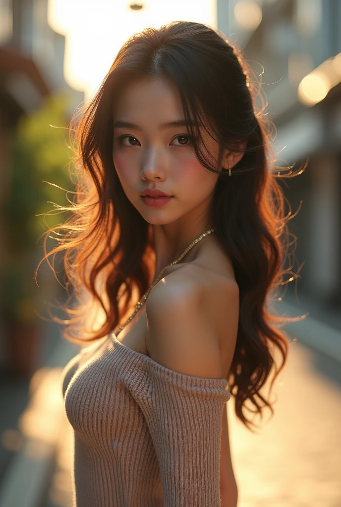((Realistic sunlight, 8k, Highest quality, masterpiece: 1.3)), Highest quality, figure, Very detailed, In detail, High resolution, 8k wallpaper, Perfect dynamic composition, Beautiful attention to detail, (Tight off-the-shoulder knitted dress:1.3),((Small breasts)), Natural color lip, Random sexy poses, Tokyo, walk, 20-year-old girl, Sweaty skin:1.4, (Beautiful and exquisite face and eyes:1.4),Beautiful long hair, Highly detailed face and skin texture, Very detailed lip texture, Beautiful attention to detail, RAW Photos, ((Very delicate and cute Japanese girl:1.4)), (1 girl)), Perfect Style, Cleavage, necklace, Earrings, Realistic Shadows, ((Focus on the back:1.6)),Browsing Caution,(From behind:1.8), (avert your eyes:1.5), ((Put your arms behind your head:1.5)), ((Buckshot:1.8)),