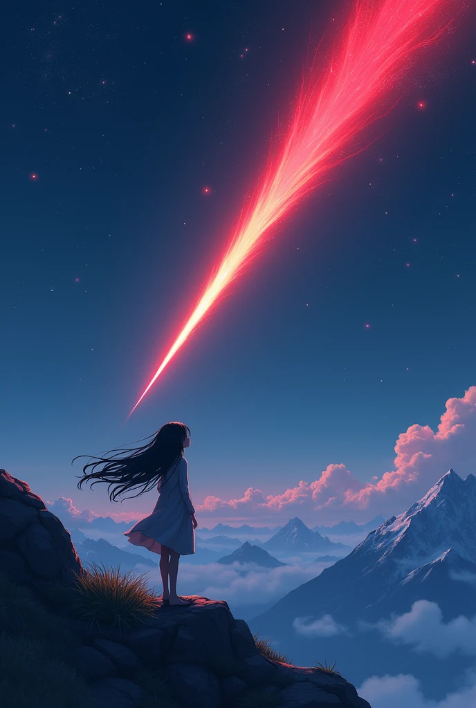 heaven、Clear skies、Less clouds、Red Meteor、One girl、Watching a meteor、Back view、Long Black Hair、Summit