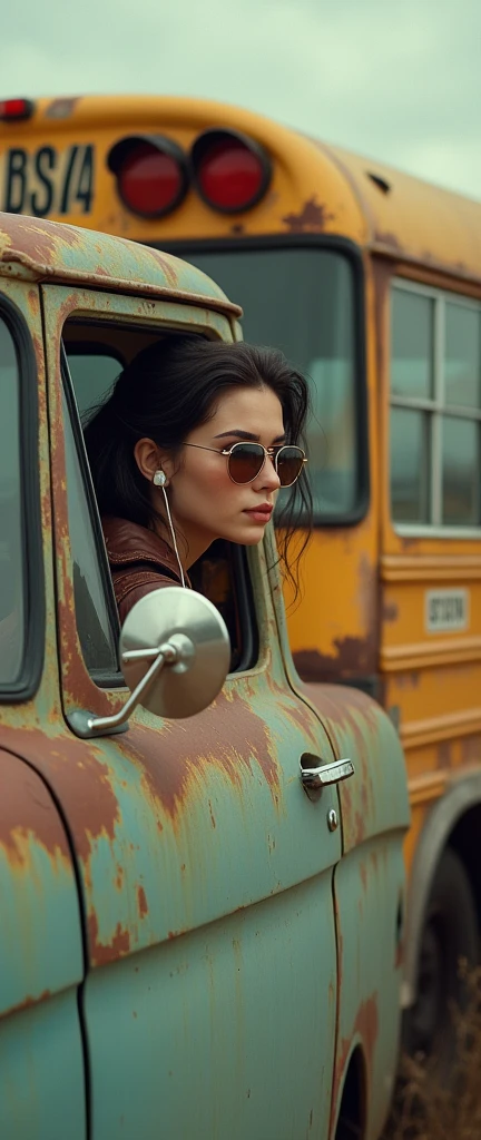 I see an old pickup truck, in the window of the truck there is a beautiful 20 year old woman, she uses wired headphones, she wears mirrored aviator sunglasses, yellow bus with some peeling paint showing the rusty metal underneath, the woman is looking at the horizon
