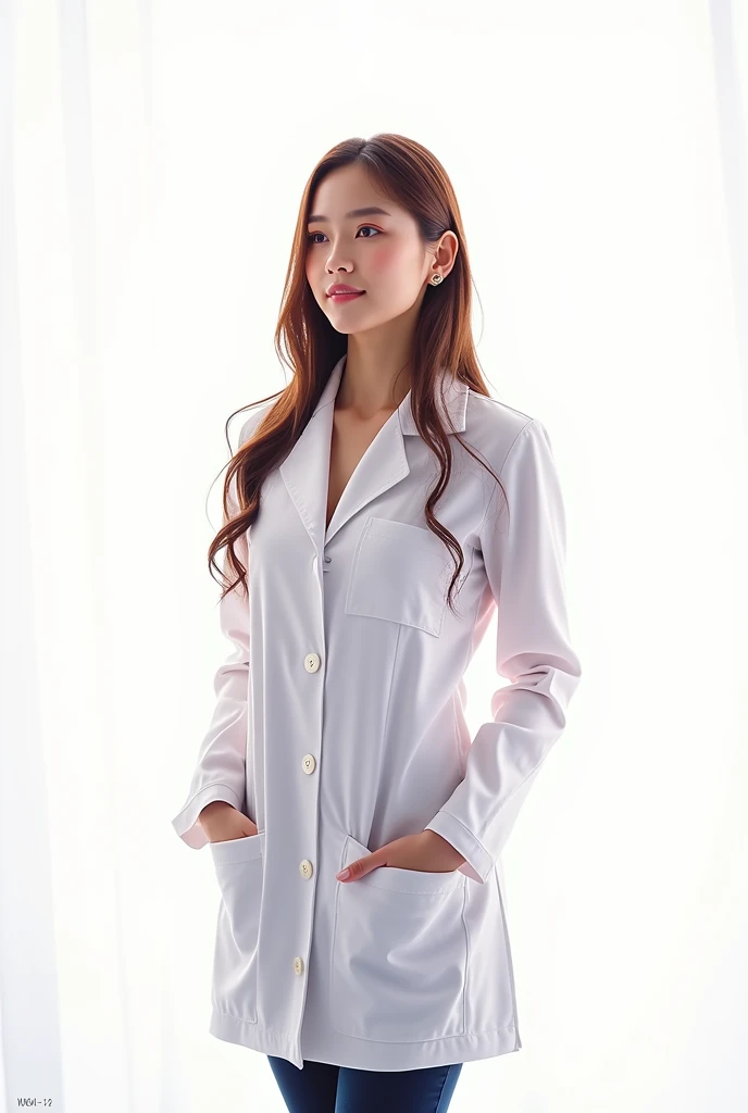 Woman in white coat with white background