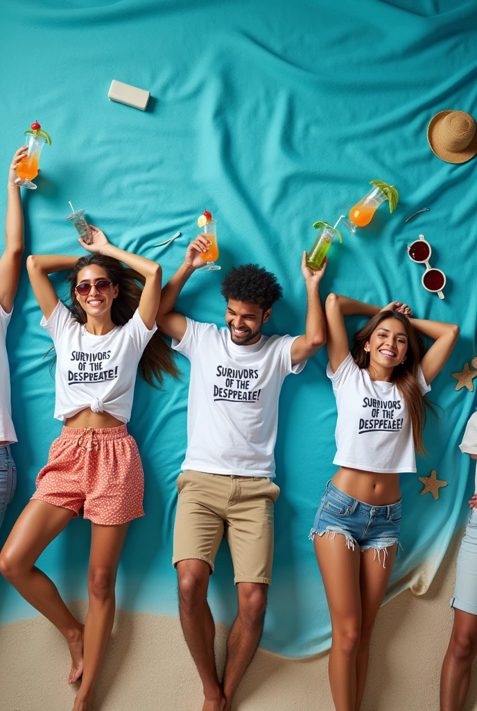 End Credits Image 5:

Description: Employees on an “imaginary beach” wearing T-shirts that say “Survivors of the Desperate!”. They are relaxed with tropical drinks (toy).
Elements to Include:
A blue cloth or blanket to simulate a beach.
T-shirts with the message “Survivors of the Desperate!”.
Bebidas tropicales toy y accesorios playeros como sombreros.
How to do it:

Use a blue blanket as a background to simulate the beach.
Add accessories like drinks and t-shirts with the message “Survivors”.