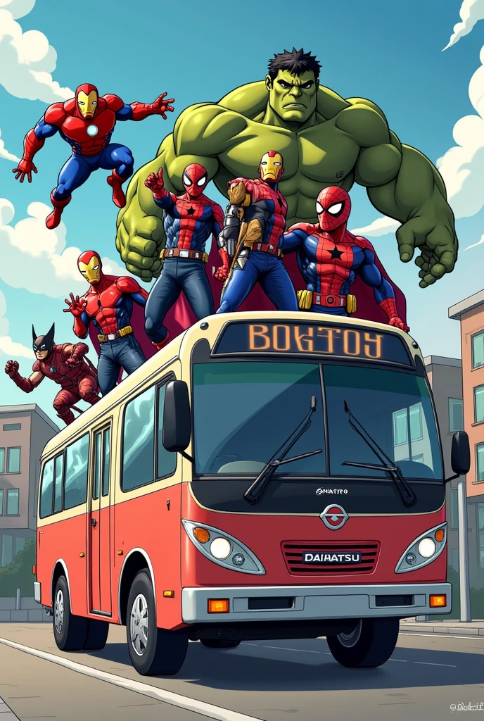 Create an image of the Avengers reimagined as a 2-dimensional cartoon. Include characters like Iron Man, Captain America, Thor, Hulk, Black Widow, spiderman, wolverine, deadpool and doctor strange. Design them with exaggerated anime-style features, such as heads 2 times larger than normal in caricature-like and dynamic poses, and sleek, detailed armor or costumes. Place some of the characters, some of whom are in the bus, on top of the bus or flying, with the background of a building that says Daihatsu, the bus has red and white colors and there is Daihatsu written on it which emphasizes action and intensity. Each character must have a unique anime-style weapon or accessory that matches their personality and strength on a plain colored background