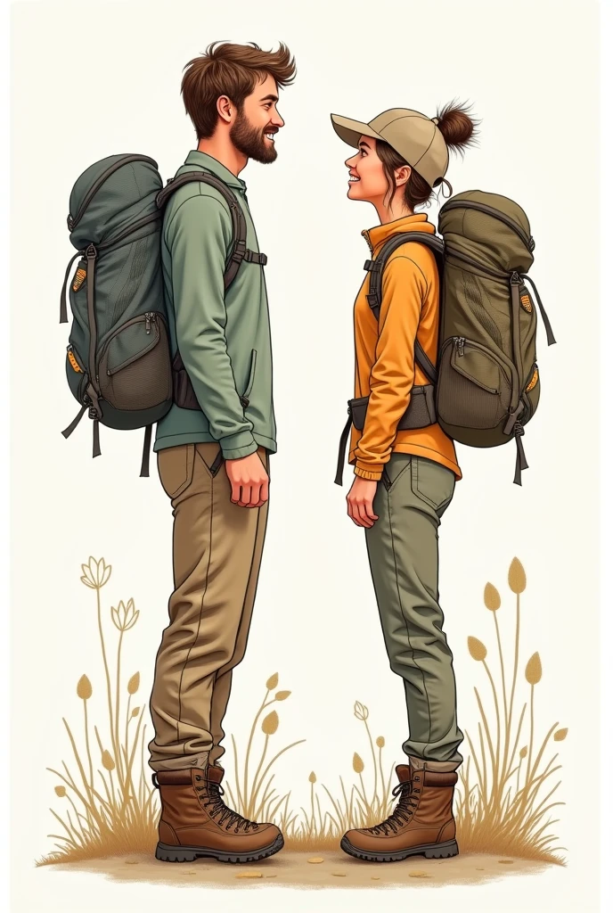 A drawing of a couple with backpacks and a woman with a backpack a young couple in hiking outfit without background