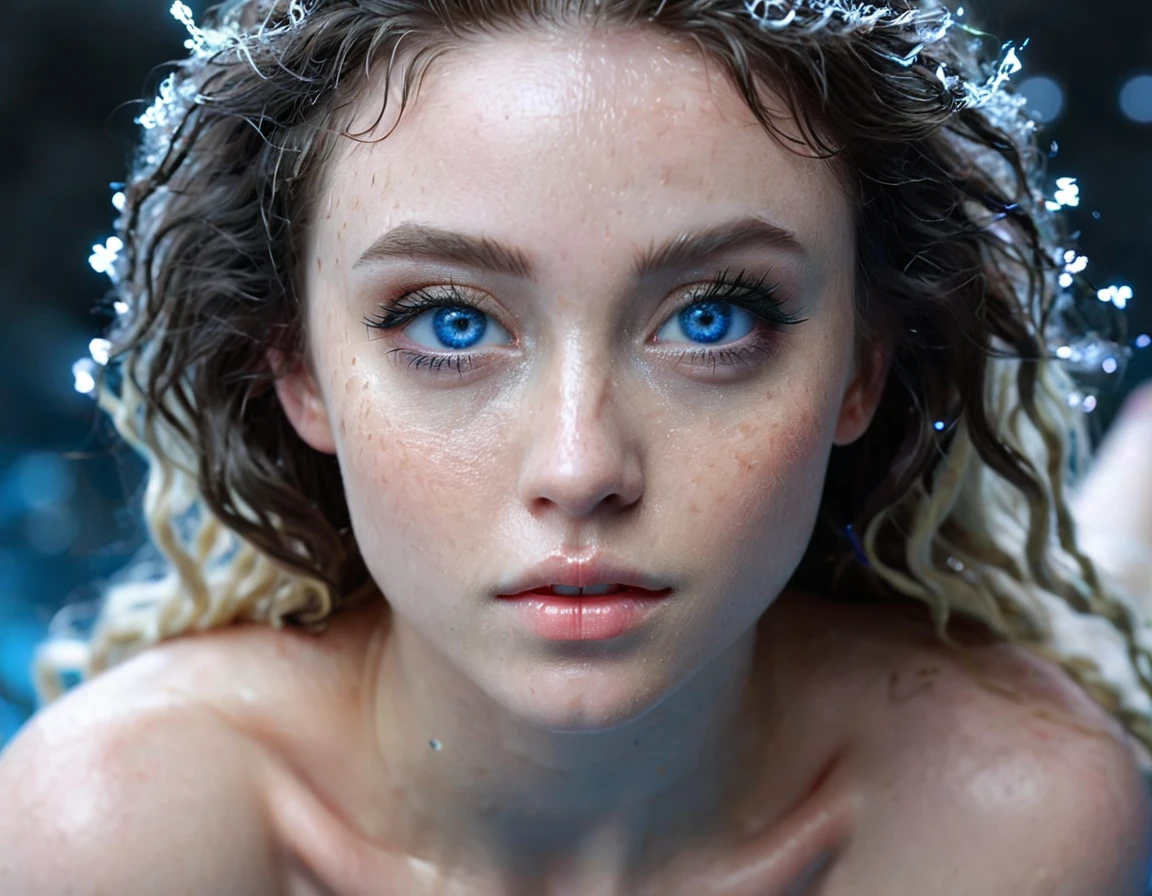 elf girl, 1, nude,angelical face,bright skin, skinny body, blue eyes, realistic eyes, wavy hair, dark fantasy film, white skin, extremely realistic photo, extremely detailed pixels and particles, sexy pose, high-angle shot, soft focus, detailed background, 4k, high resolution, full body show, panoramic shot, high resolution background, 3d realistic render, enhance hands eyes and face,