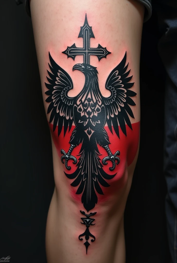 Tattoo on knee with cross and eagle Black and white with Poland flag