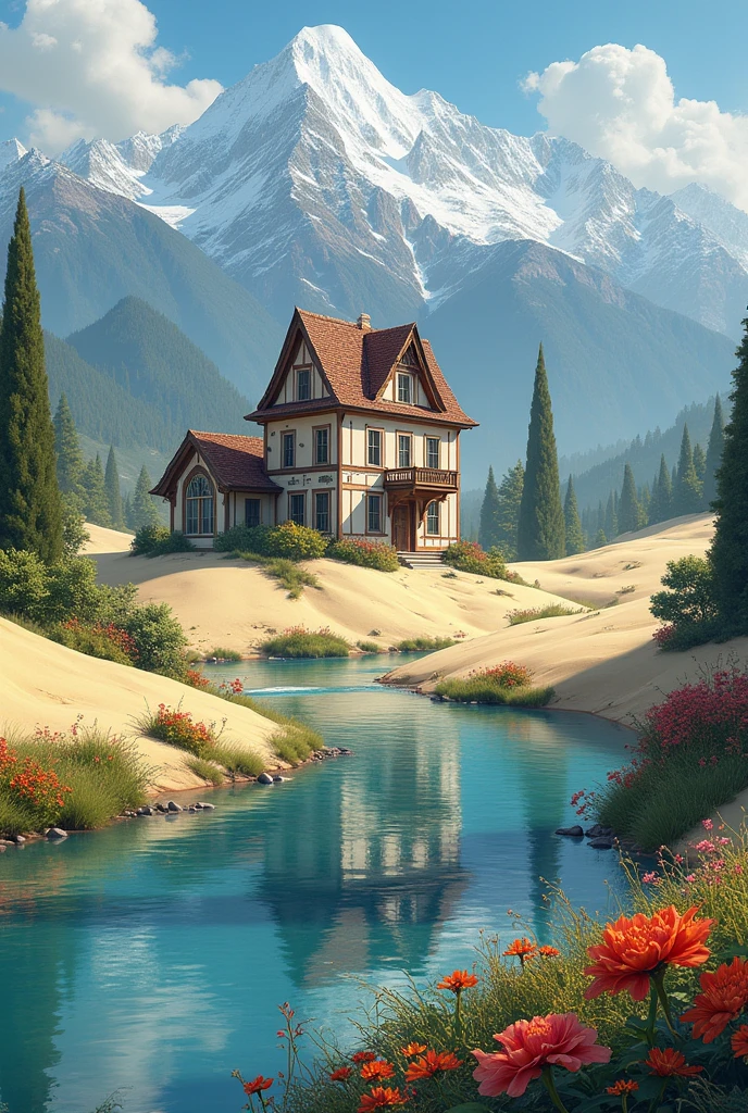 beautiful house on a dune landscape with flowers and a river with snowy mountains in back and trees nearby