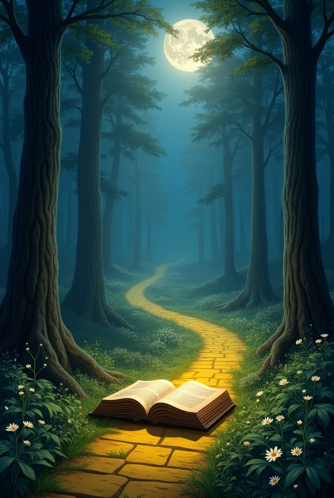an open book on a yellow brick road at night in a forest
