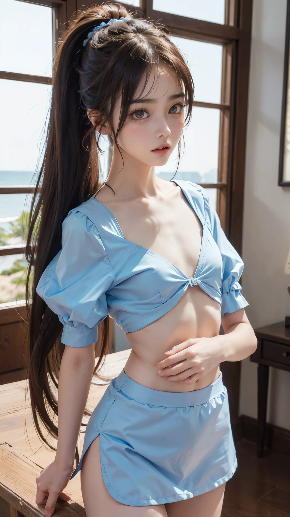 Twins, two Japanese high school girls、Standing with the sandy beach in the background、 long legs、two girls、(((flat chest))), (flat chest:1.1)、((best quality)), ((masterpiece)), (detailed), 1girl, off-shoulder,clothes too big exposing chest,(little chest),(beautiful big eyes:1.3),extremely detailed cute face, (((flat chest))),intricate eyes,beautiful detailed eyes,symmetrical eyes,(((detailed face))),beautiful detailed lips,(nsfw)), ((downblouse, upskirt)),(((flat chest))), (flat chest:1.1)、(baggy, sagging clothes, upskirt, downblouse), dynamic pose,looking at viewer, (((embarrassed))),(horrified expression),(crying),highres,(best quality),(ultra detailed,extremely detailed),perfect face details, ((masterpiece:1.4, best quality))+, (ultra detailed)+, long twintails, cute girl,blue clothes, (flat chest:1.3), small breasts, prominent collarbones, skinny arms, flat stomach, visible hip bones, long hair, red hair, white hair, blonde hair, dark hair, ponytail, thick ponytail, heavy ponytail, small breasts、Ultra high definition, high quality, High-resolution model, High detail, Very detailed,