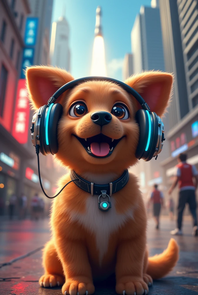 Now create an image of a dog that has special headphones that protect him from the noise of the rockets and that is already happy.