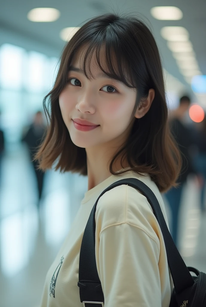 realistic photos of Korean female, crossed bangs, slightly smile, t-shirt, in the airport, pov, Eye-Level Shot, blurry, UHD, masterpiece, highres, 16k