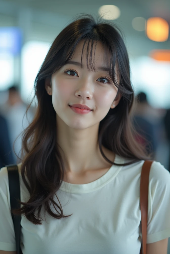 realistic photos of Korean female, crossed bangs, slightly smile, t-shirt, in the airport, pov, Eye-Level Shot, blurry, UHD, masterpiece, highres, 16k  