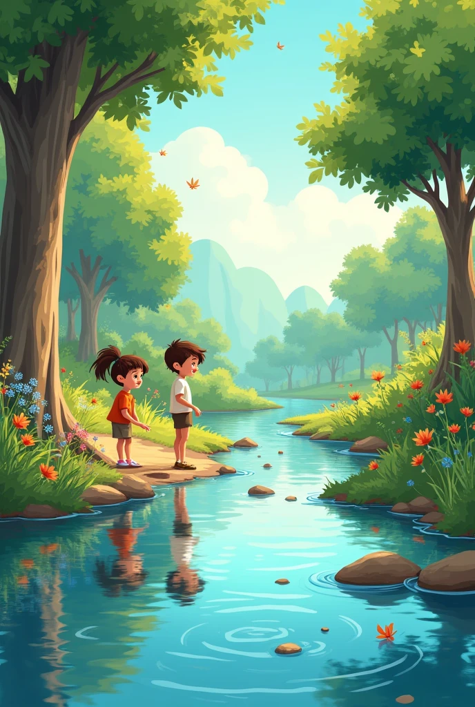 Create a cover for a children&#39;s story about caring for the water of the serene river that is animated
