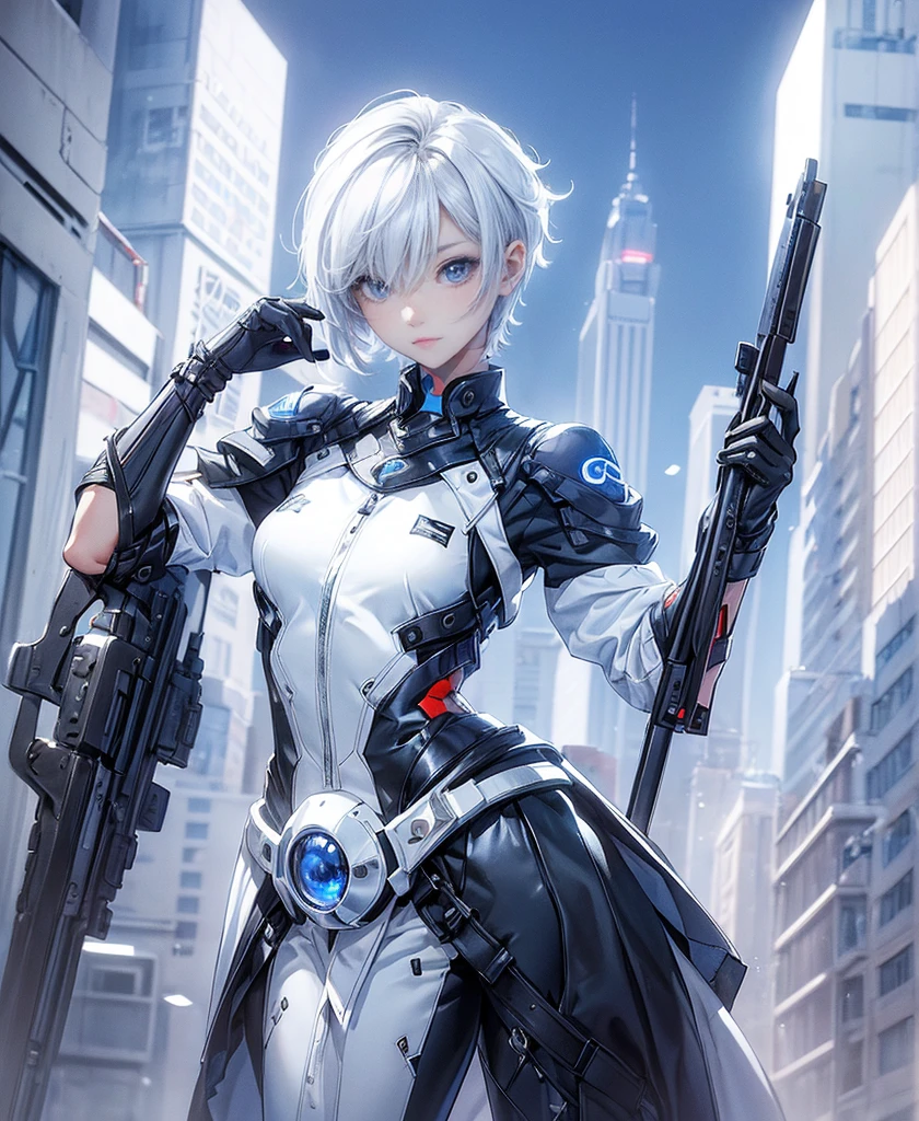 ((4K Works))、masterpiece、(Highest quality)、One beautiful girl、The body is slim、expensive、((Black Y-shirt and white pants、Charming street style))、Please wear a cropped jacket、(Beautiful eyes in every detail)、Morning City、Stylish city、Kneel、((short-haired gray hair))、((Makes your face smaller))、((Neutral face))、((Bright Blue Eyes))、((Adult female, 2))、((Cool woman))、((Like a celebrity))、((Korean Makeup))、((elongated and sharp eyes))、((boyish))、Professional photos、((Model Photo))、((Look up at the sky))、((Shooting from behind))、((She is looking upwards))、((Her eyes are looking up))、((Increase the angle of the face))、((She is walking in front of the viewer))、(Neckline), Elbow-length gloves、Knee-high boots